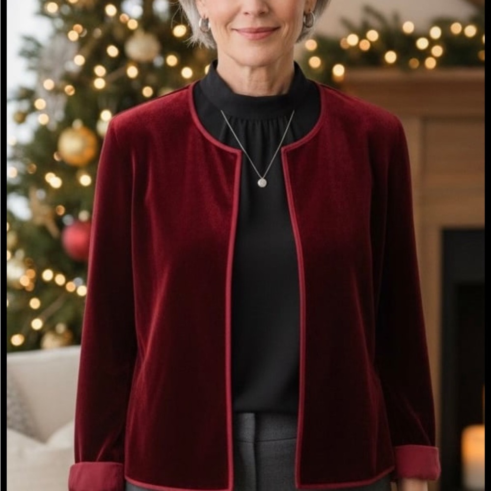 Eileen‎ Fisher Petite Women Velvet Crop Jacket Burgundy Silk Blend – PS